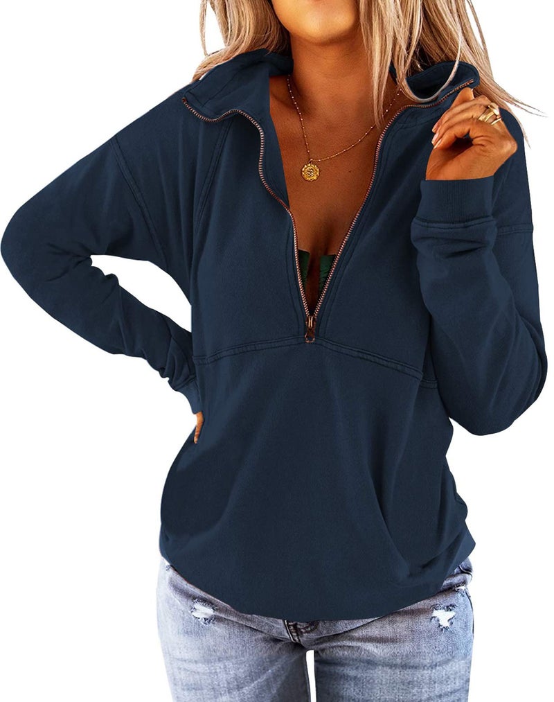 Floral Find Women's Long Sleeve Lapel Half Zip Up Sweatshirt Solid Stylish Loose Fit Casual Pullover Tops - Image 1